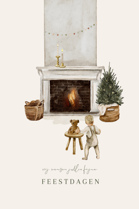Getekende kerstkaart met open haard kerstboom kindje