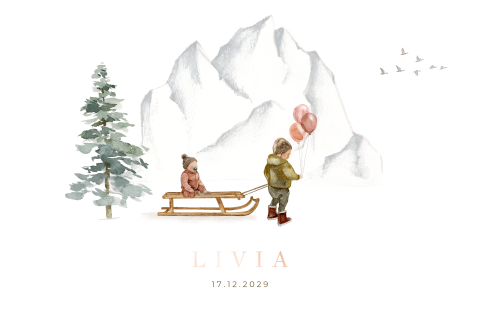 Winter geboortekaartje zusje slee bergen sneeuw ballonnen