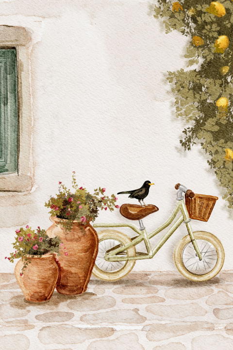 Poster fiets met citroenboom en planten potten