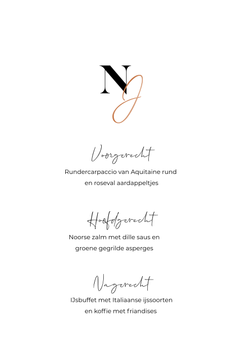 Menukaart in boogvorm met initialen koperfolie