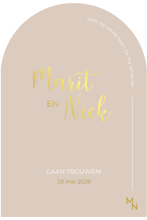 Beige klassieke trouwkaart in boogvorm met goudfolie initialen