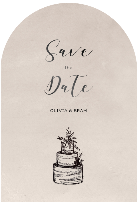 Save the date kaart in boogvorm met pentekening bruidstaart