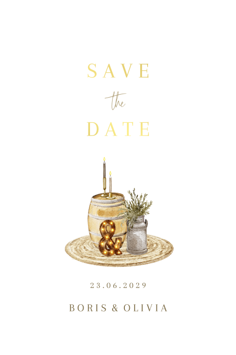 Getekende save the date kaart met goudfolie en lichtletter