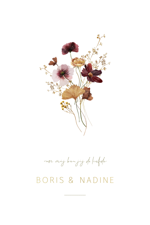 Trouwkaart illustratie bloemen boogvorm paars oranje met goudfolie