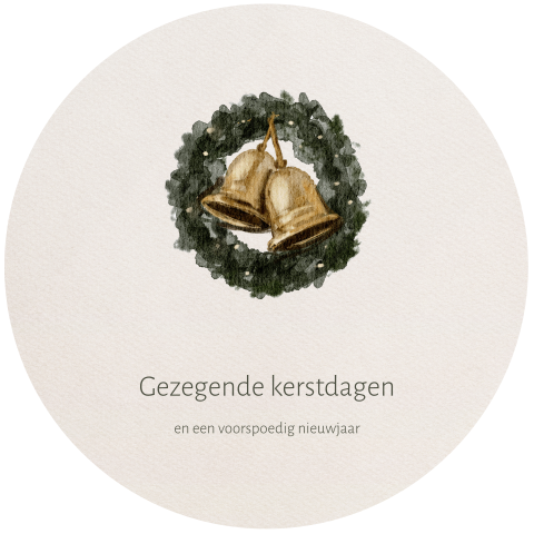 Ronde kerstkaart met illustratie kerstkrans en gouden klokken