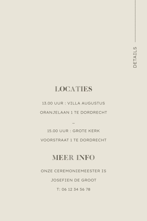 Beige programma kaartje trouwkaart met extra informatie