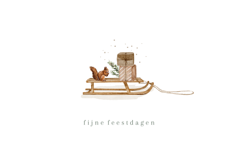 Getekende kerstkaart illustratie eekhoorn slee met cadeautjes