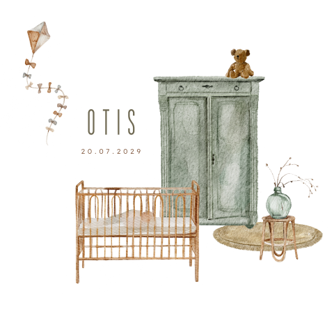 Geboortekaartje kinderkamer met baby in wiegje en een vlieger