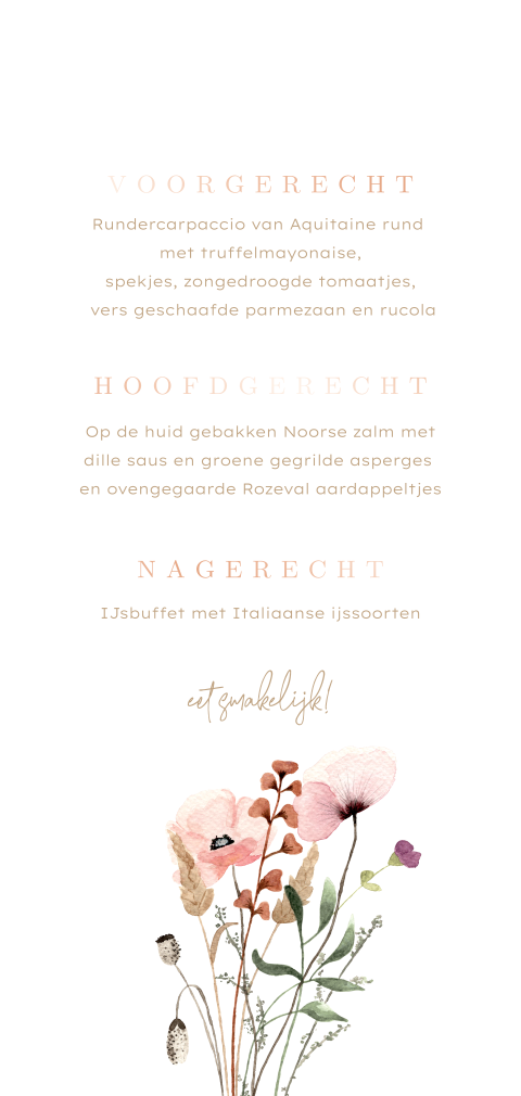 Menukaart diner bruiloft folie met handgeschilderde roze bloemen