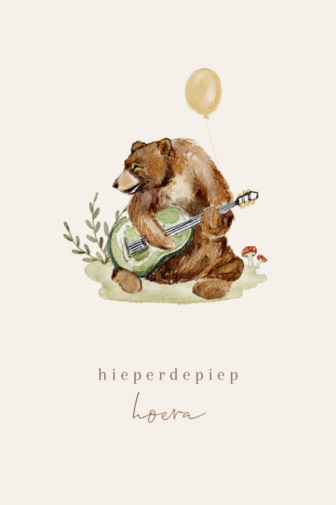 Wenskaart voor verjaardag met beer met gitaar en gele ballon