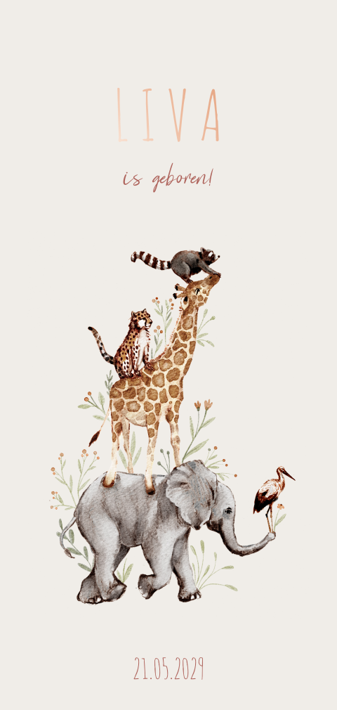 Geboortekaartje voor een meisje met een stapel jungle dieren