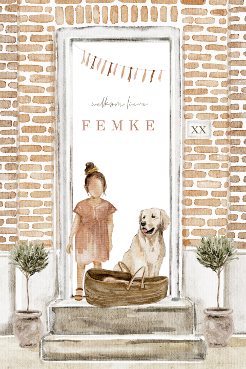 Getekend geboortekaartje meisje voordeur baby mand zus hond