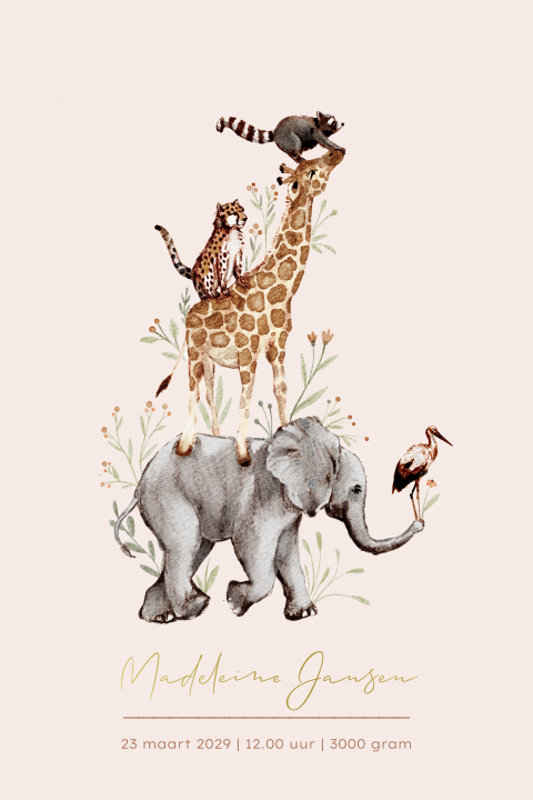 Roze poster geboorte meisje met naam stapel dieren en koperfolie