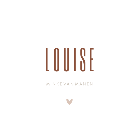 Lief minimalistisch geboortekaartje met roestbruine naam en hartje