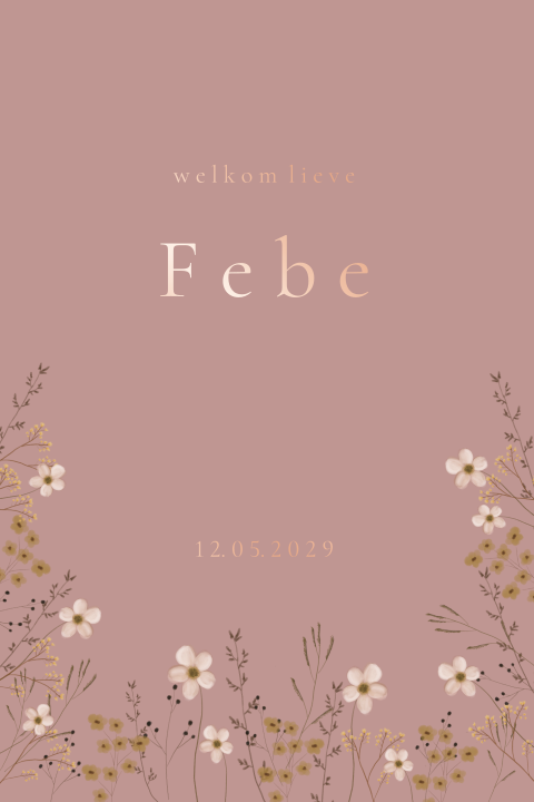 Geboortekaartje handgetekende bloemetjes oud roze