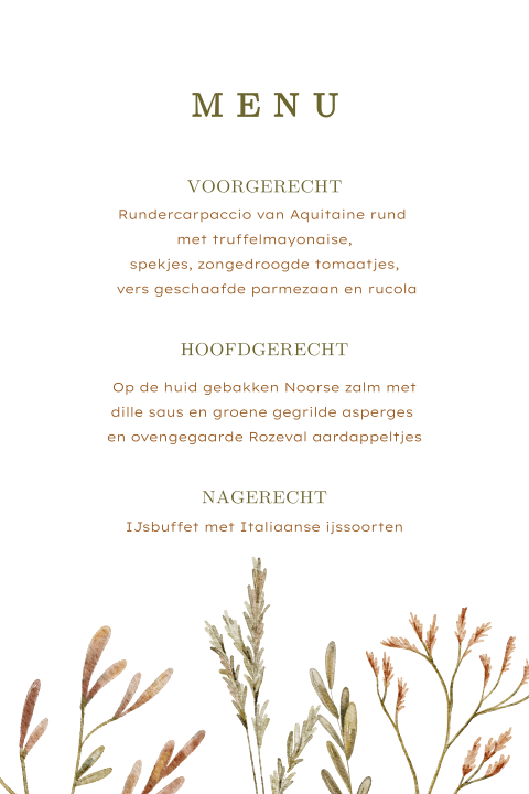 Menukaart met handgeschilderde takjes van droogbloemen