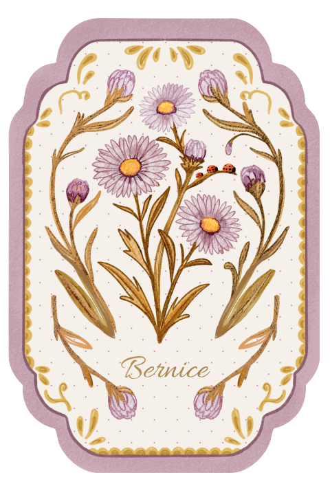 Geboortekaartje meisje vintage geel paars bloemen getekend