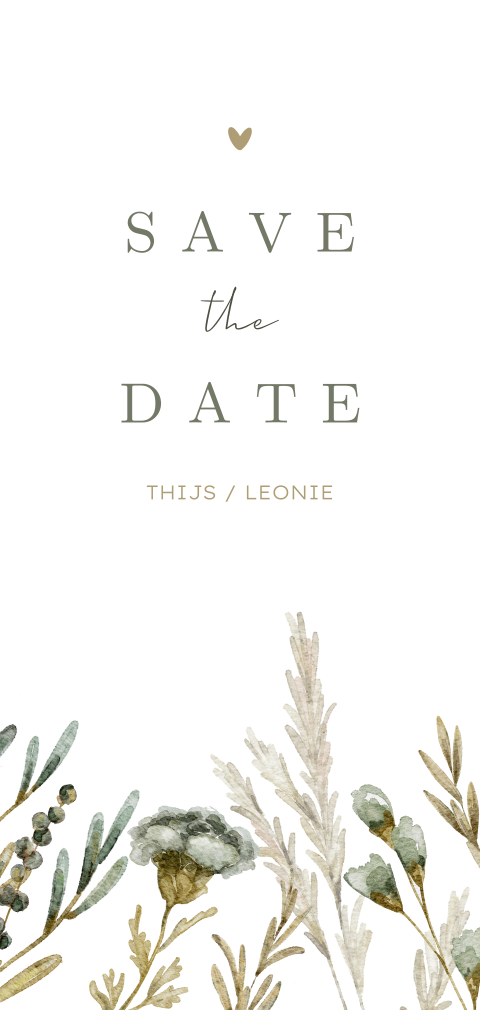 Save the date kaart met getekende bloemen en hartje