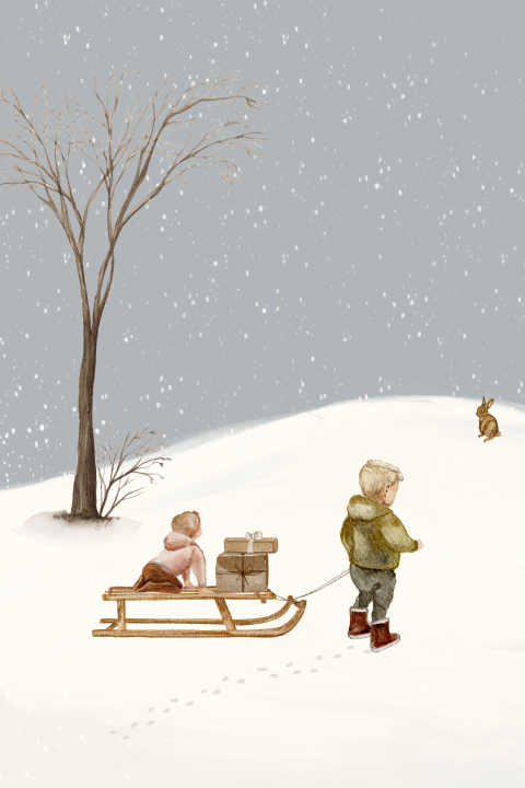 Kerstkaart getekend winter landschap met slee kinderen en kale boom