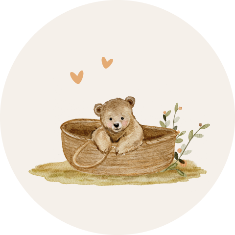 Sticker geboortekaart met beer in mand
