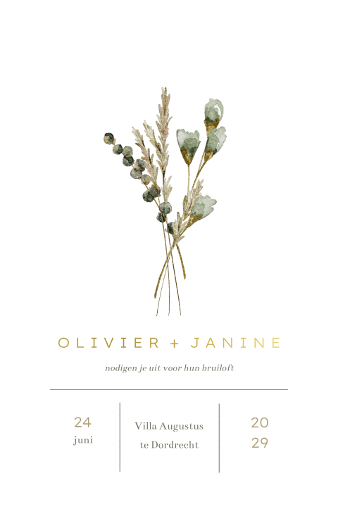 Botanische trouwkaart met bloemen waterverf in blauw groen goudfolie