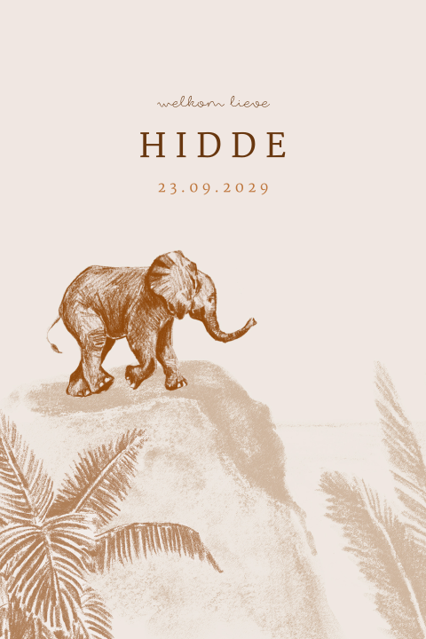 Getekend vintage geboortekaartje met een olifant op een rots
