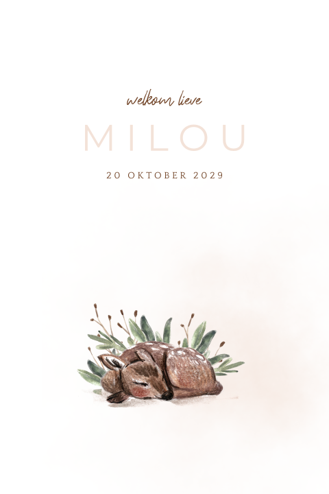 Geboortekaartje met hertje en groene takjes