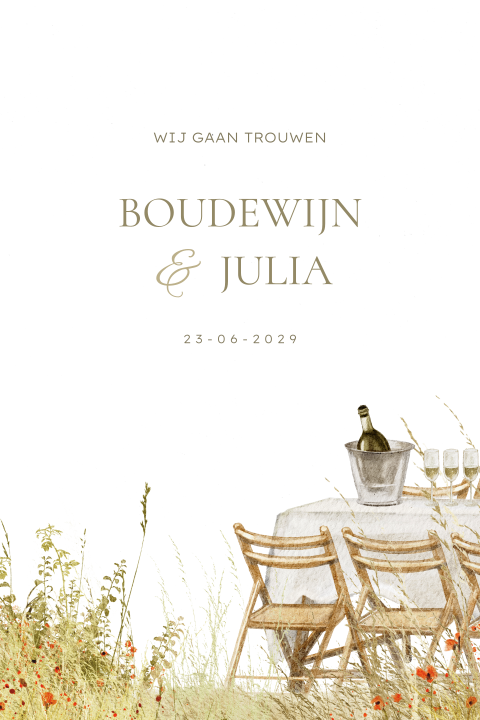 Trouwkaart getekend met veldbloemen en tafel voor buiten bruiloft