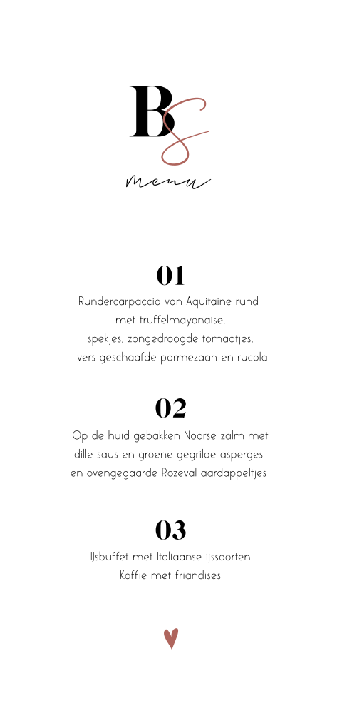 Menukaart bruiloft met initialen in een rustige stijl