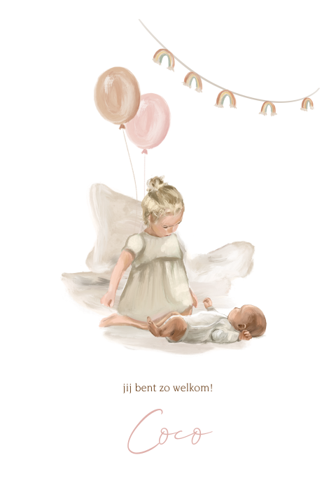 Geschilderd geboortekaartje zusje ballonnen lief uniek