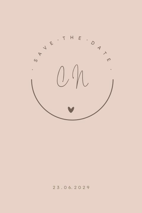 Oudroze save the date kaart met logo en intialen met een hartje