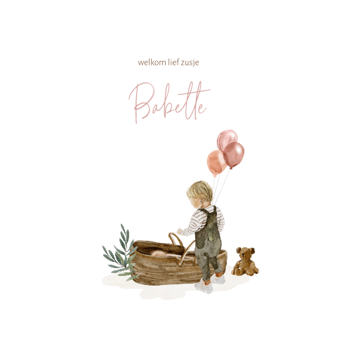 Enkel getekend geboortekaartje voor een tweede kind met ballonnen