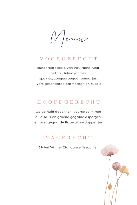 Menukaart bruiloft met roze bloemen illustratie