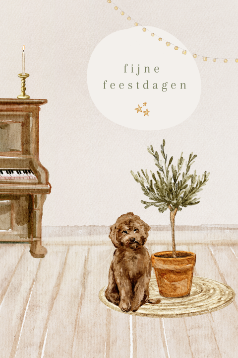 Unieke christelijke kerstkaart met labradoodle bij olijfboom