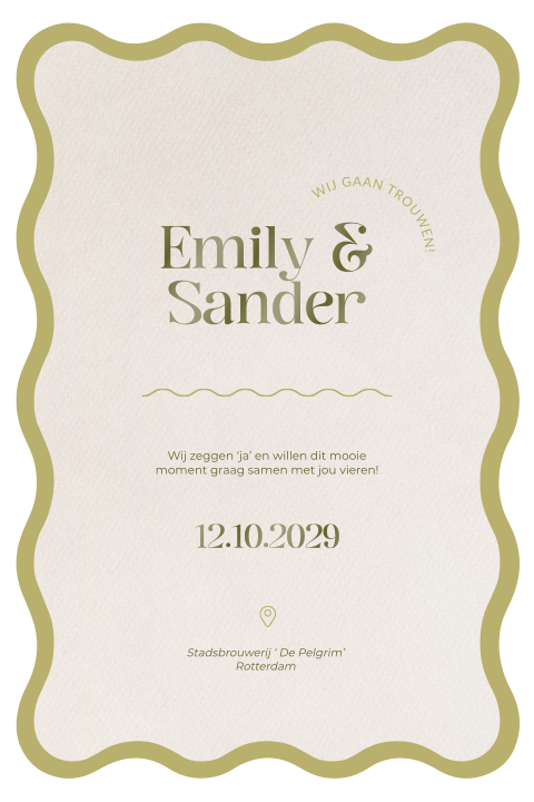 Trouwkaart golfrand groen met beige en hoogglans