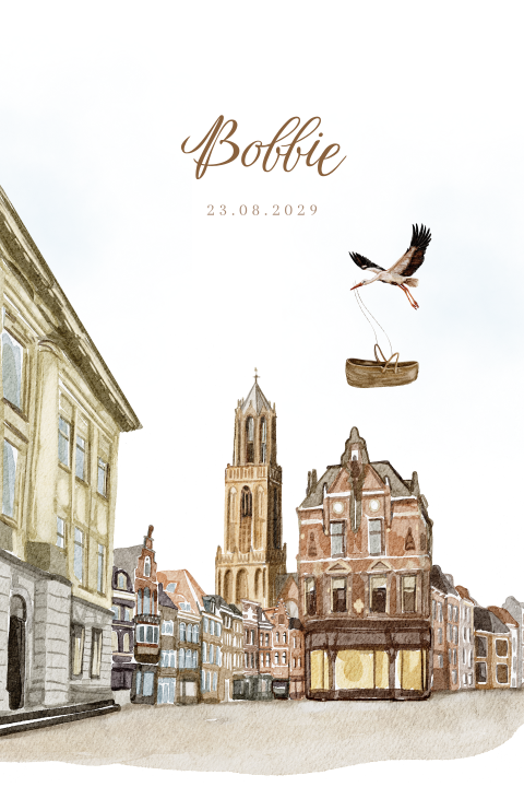 Geboortekaartje Utrecht met de dom en een ooievaar