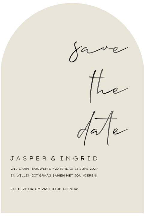 Save the date kaart in boogvorm klassiek tekst hoogglans