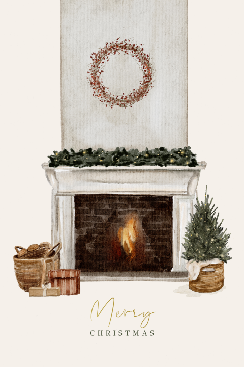 Kerstkaart illustratie met open haard cadeautjes en kerstboom