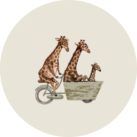 Sticker voor geboortekaartje met giraffen in bakfiets