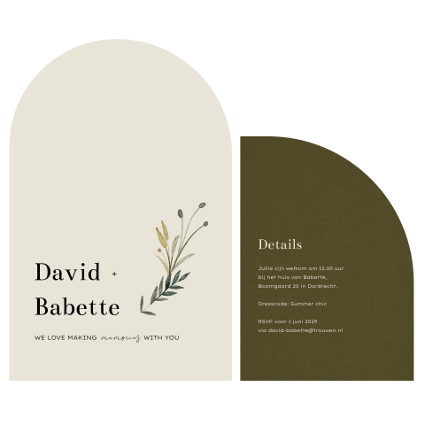 Trouwkaart met boogvorm en bijpassend groen gastenkaartje