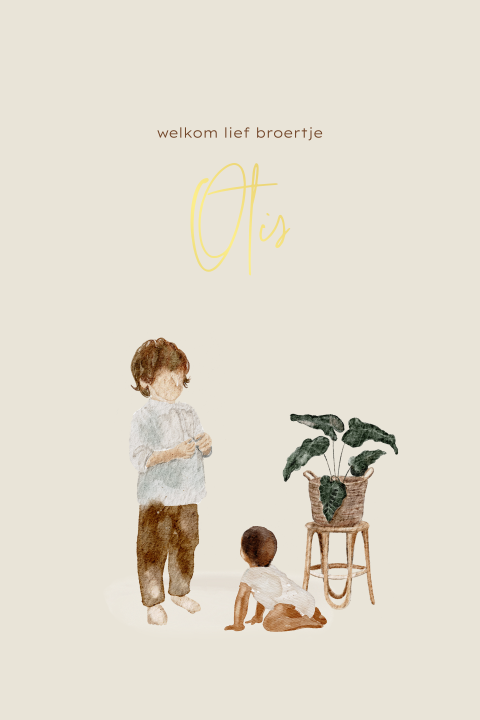Getekend geboortekaartje tweede kind met broer en baby