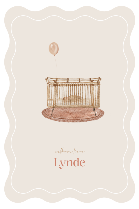 Lief geboortekaartje golvende rand ledikant ballon