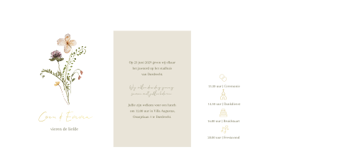 pocketfold uitnodiging bruiloft veldboeket bloemen goudfolie
