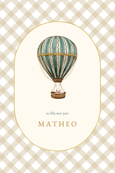 Geboortekaartje beige ruitjes groene luchtballon
