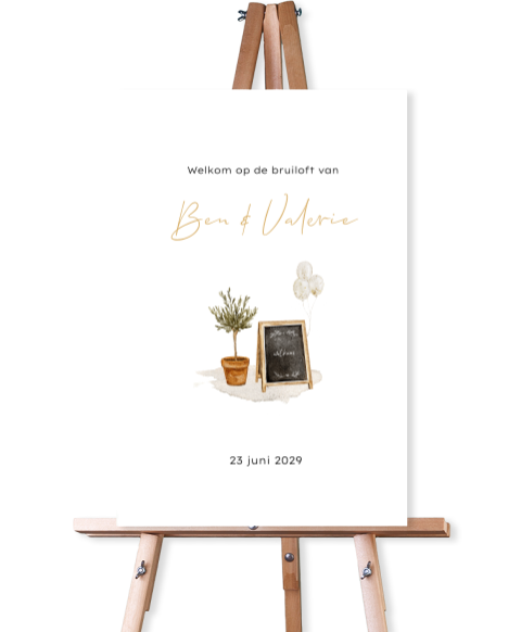 Welkomstbord met aquarel illustraties vintage bruiloft