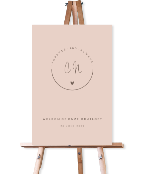 Welkomstbord voor een bruiloft met logo en initialen