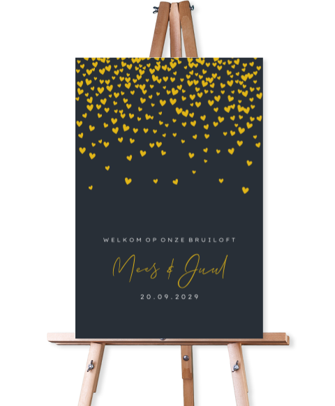 Bruiloftsbord met donkerblauwe achtergrond en okergele hartjes