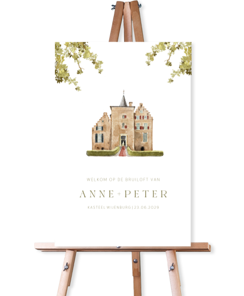 Welkomstbord bruiloftkasteel wijenburg getekend