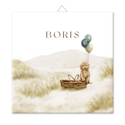 zomer tegel JONGEN MET LABRADOODLE EN GROENE BALLONNEN