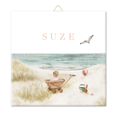 tegeltje MEISJE STRAND GETEKEND BOLDERKAR ZOMER